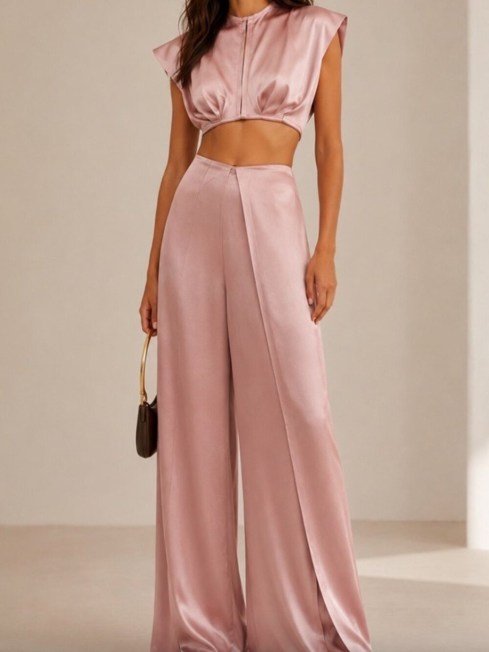 Andrea Iyamah Hami SETPearl Pink Satin Top and High-Waist Palazzo Pant SZ: Large